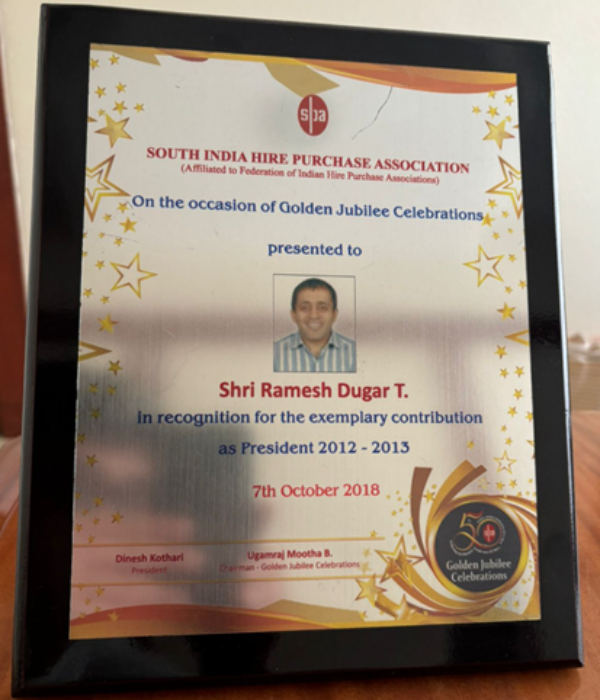 South India Hire Purchase Association awards our MD Ramesh Dugar